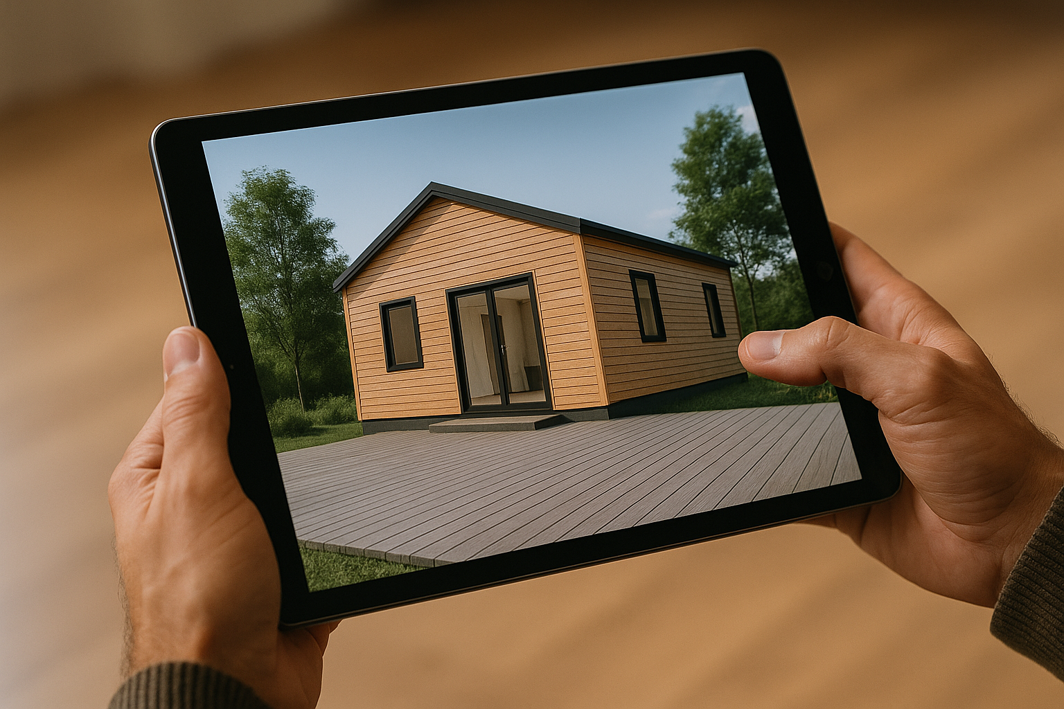 A user interacts with a 3D walkthrough of a modular home design on a tablet, showing digital planning and virtual presentation capabilities.
