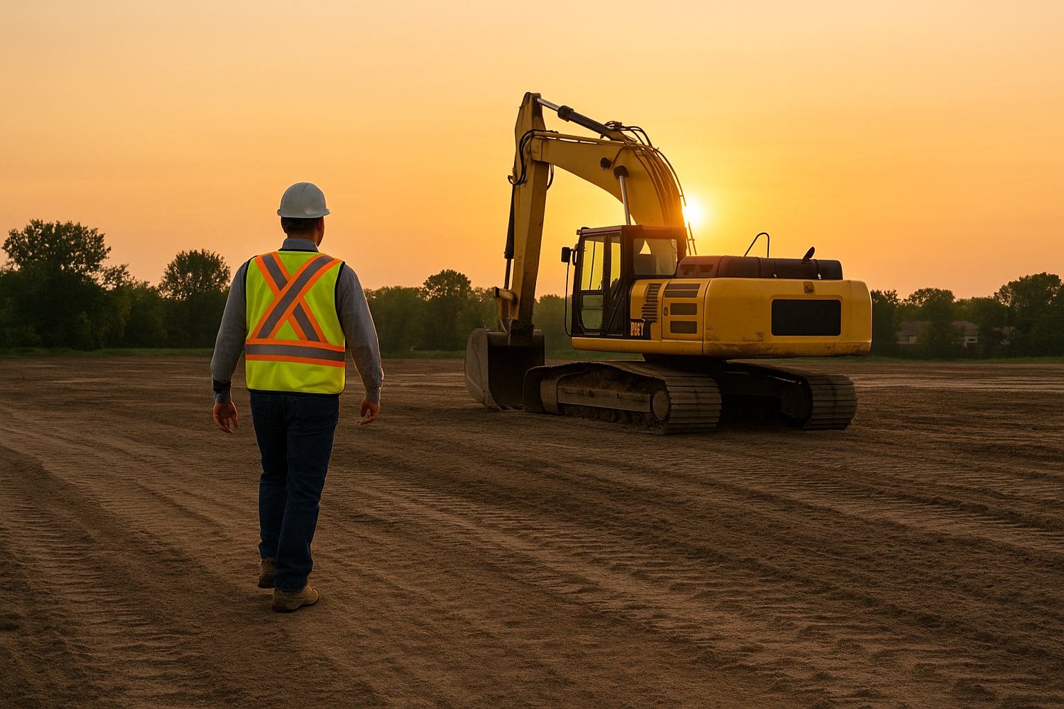 A zoomed-out landscape photo of a worker in a reflective vest walking toward a yellow excavator at a freshly graded construction site. The warm glow of sunset casts long shadows across the dirt, making it ideal for use in full-width website banners targeting Ontario excavation companies.