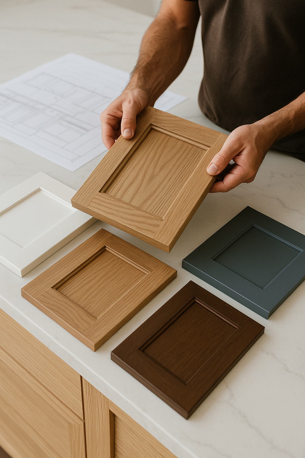 Woodworker selecting from a variety of cabinet door samples laid out on a marble countertop, with blueprints visible in the background — showcasing planning, precision, and customizable options in cabinetry design.