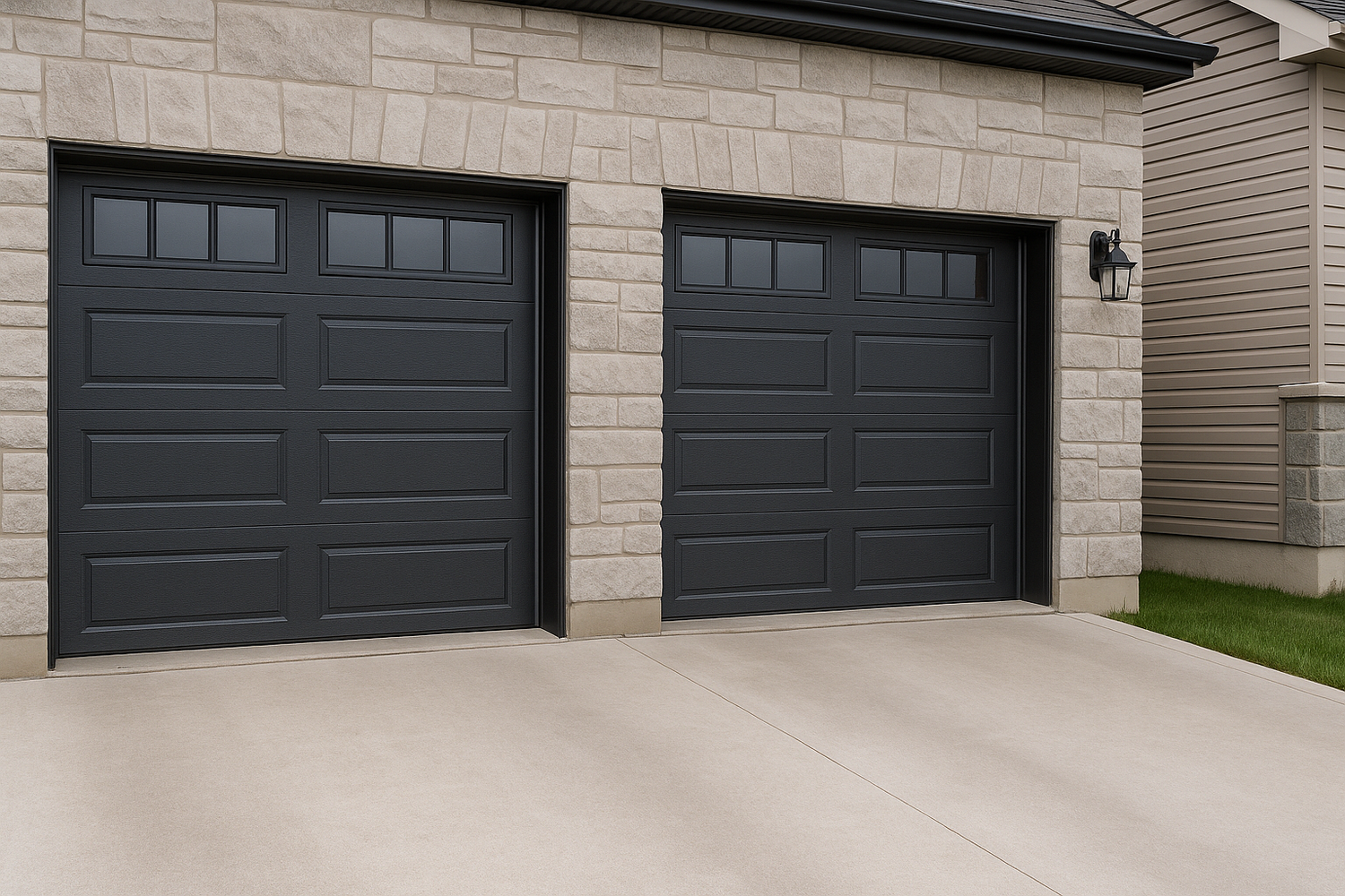 Modern double garage with horizontal gray siding and sleek black doors, framed by white trim and natural stone base, set in a suburban neighborhood