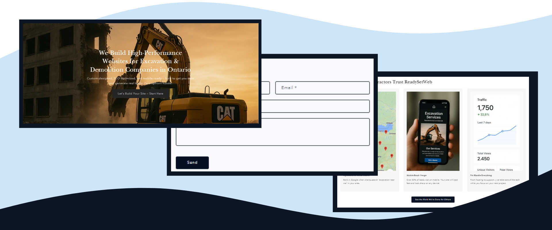 Modern website mockups for excavation and demolition companies in Ontario, featuring a mobile contact form, conversion dashboard, and custom hero banner for construction web design
