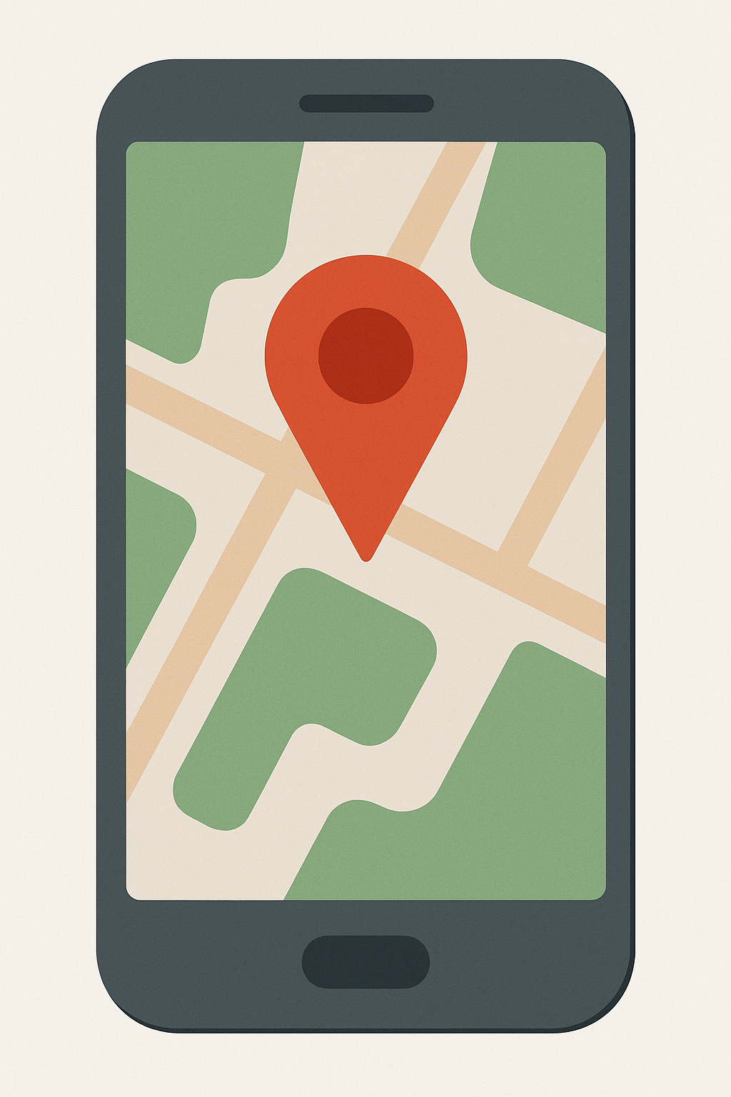 Smartphone displaying a digital map with a large red location pin at the center, representing local SEO and geo-targeted visibility for cabinetry businesses.