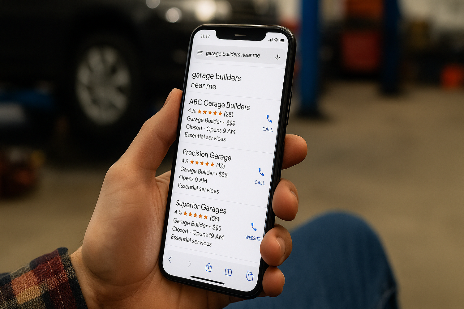 Person holding a smartphone displaying a Google search for "garage builders near me" with local listings, taken inside a garage or workshop.